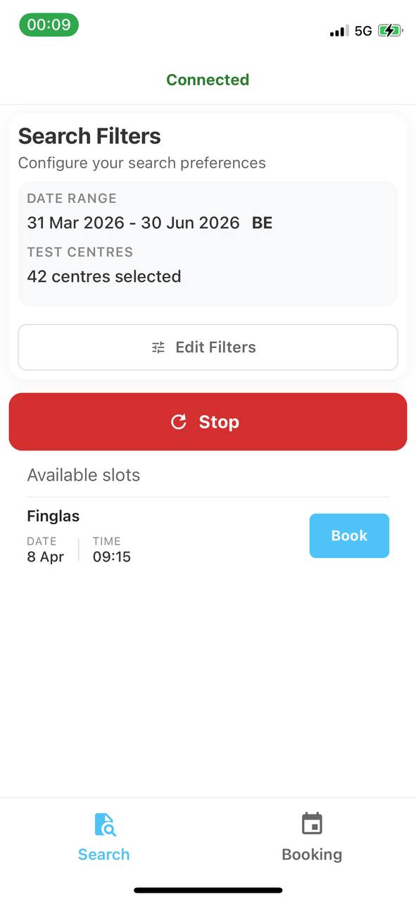 BookDriving app showing available driving test slots in Finglas test centre